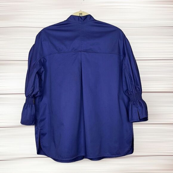 COS Royal Blue Cotton Sateen Blouse Oversized Top Smocked Bell Sleeves US 2 - Picture 10 of 16
